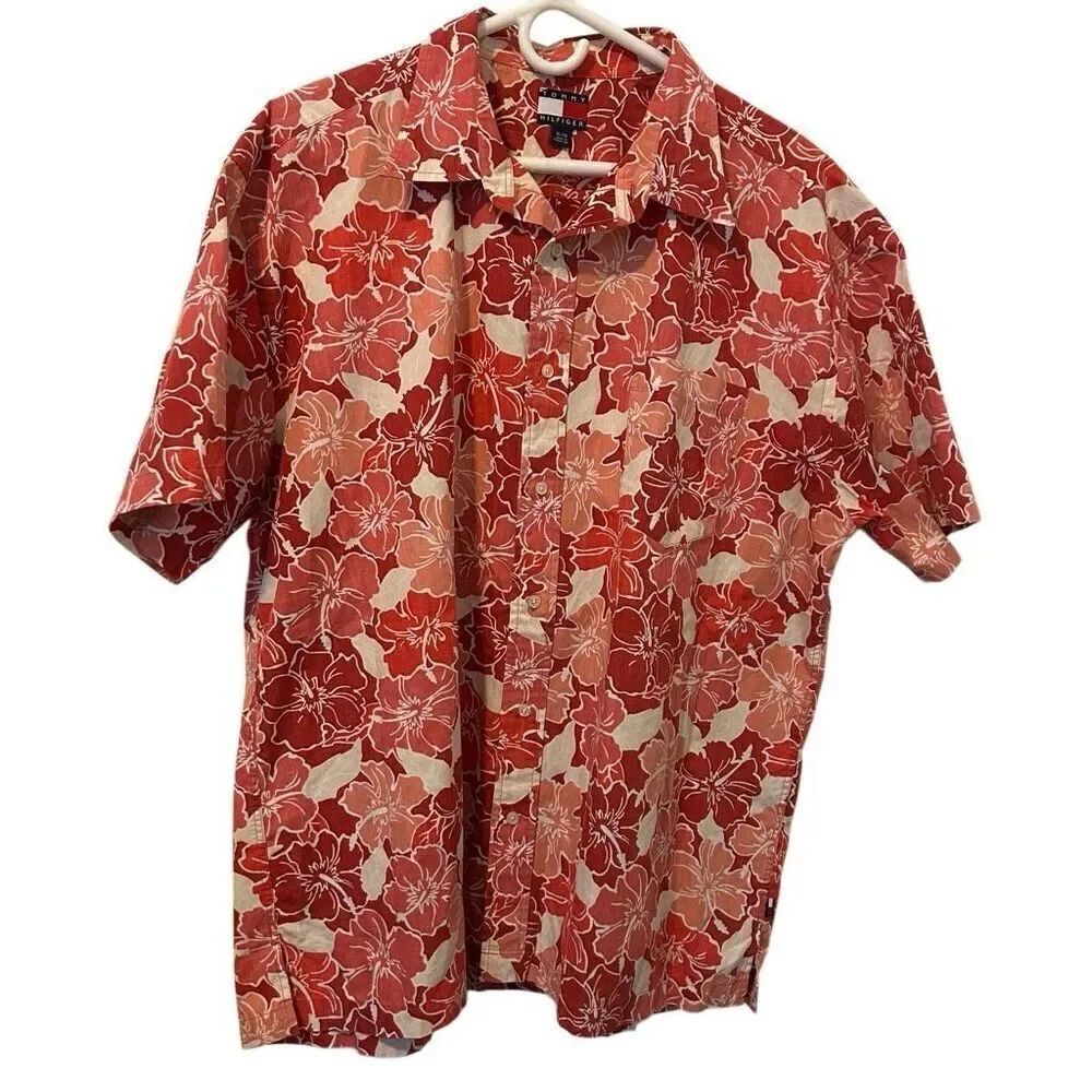 Tommy Hilfiger Camp Shirt Mens XL Red Loop Collar Floral Tropical Hawaiian Retro